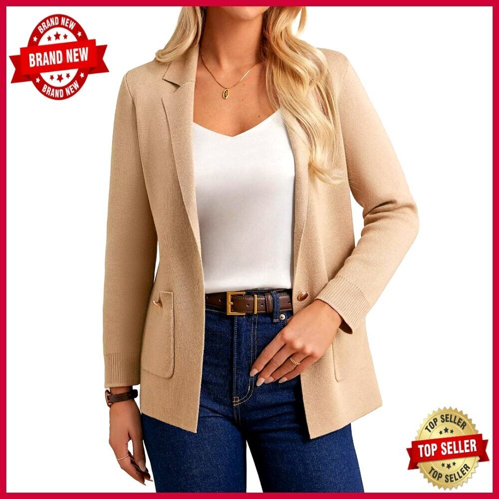 Soft Viscose Blazer Cardigan Long Sleeve Open Front Pockets Work Casual